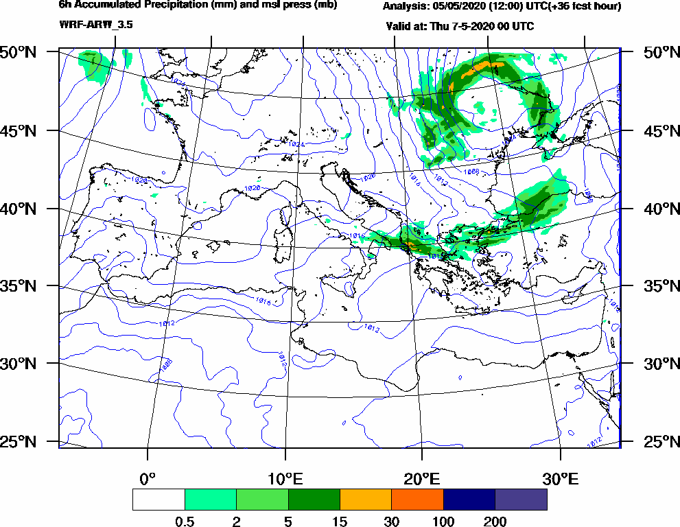 6h Accumulated Precipitation (mm) and msl press (mb) - 2020-05-06 18:00