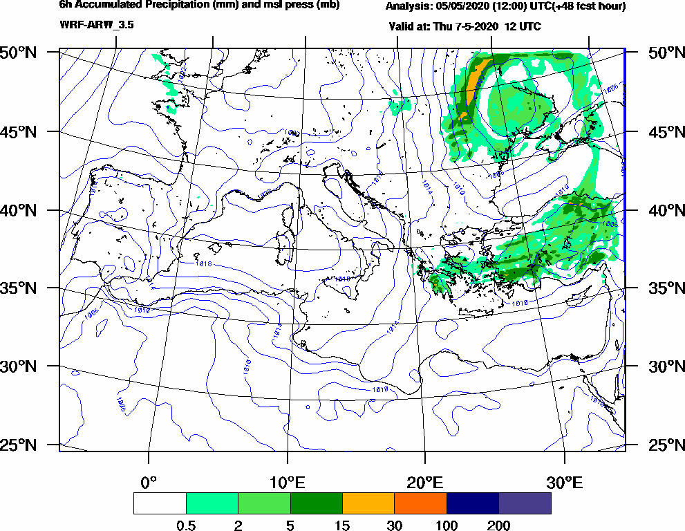 6h Accumulated Precipitation (mm) and msl press (mb) - 2020-05-07 06:00