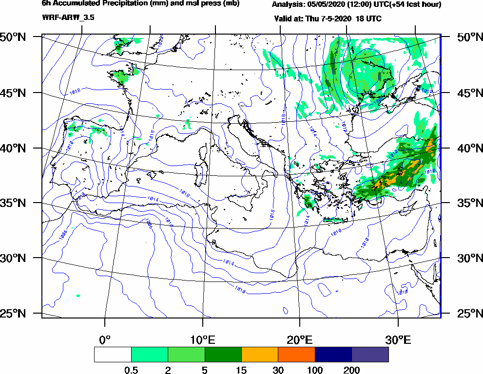 6h Accumulated Precipitation (mm) and msl press (mb) - 2020-05-07 12:00