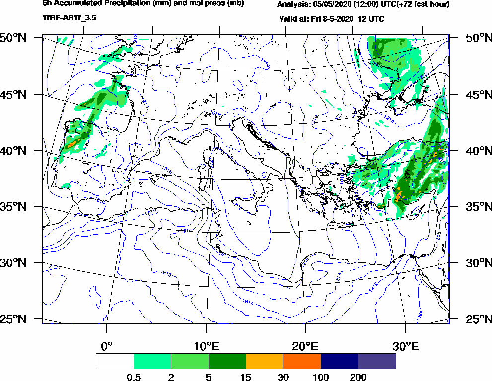 6h Accumulated Precipitation (mm) and msl press (mb) - 2020-05-08 06:00