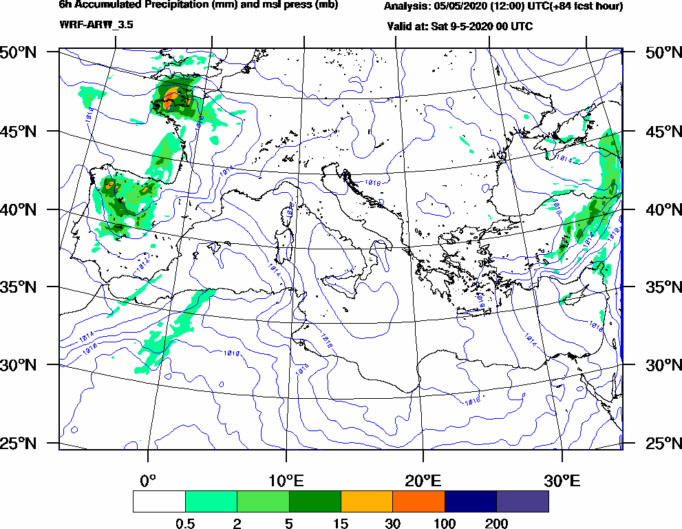 6h Accumulated Precipitation (mm) and msl press (mb) - 2020-05-08 18:00