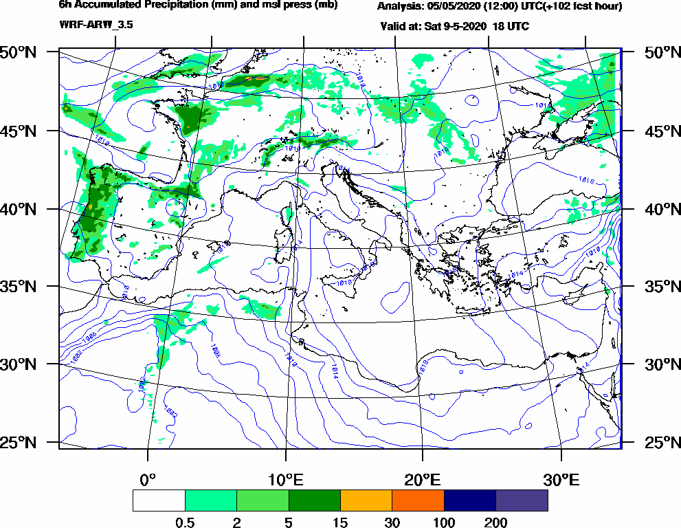 6h Accumulated Precipitation (mm) and msl press (mb) - 2020-05-09 12:00