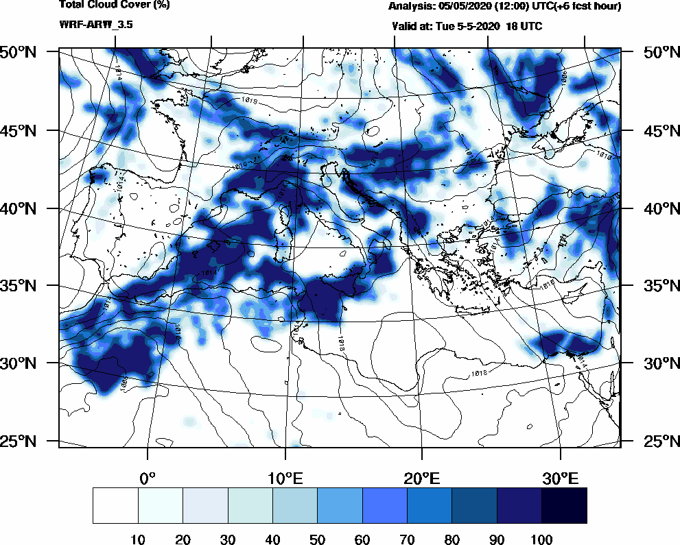 Total cloud cover (%) - 2020-05-05 12:00