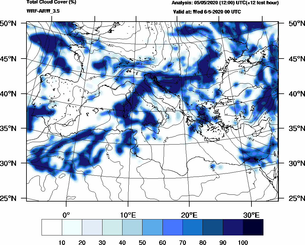 Total cloud cover (%) - 2020-05-05 18:00