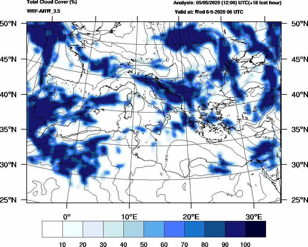 Total cloud cover (%) - 2020-05-06 00:00