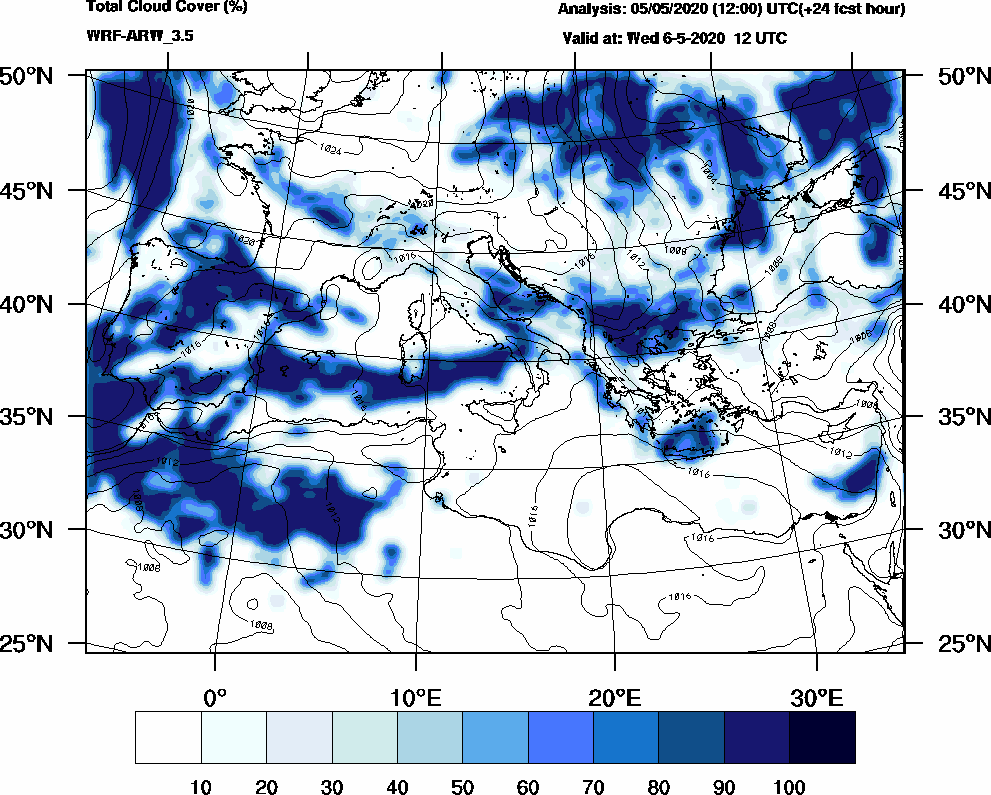 Total cloud cover (%) - 2020-05-06 06:00