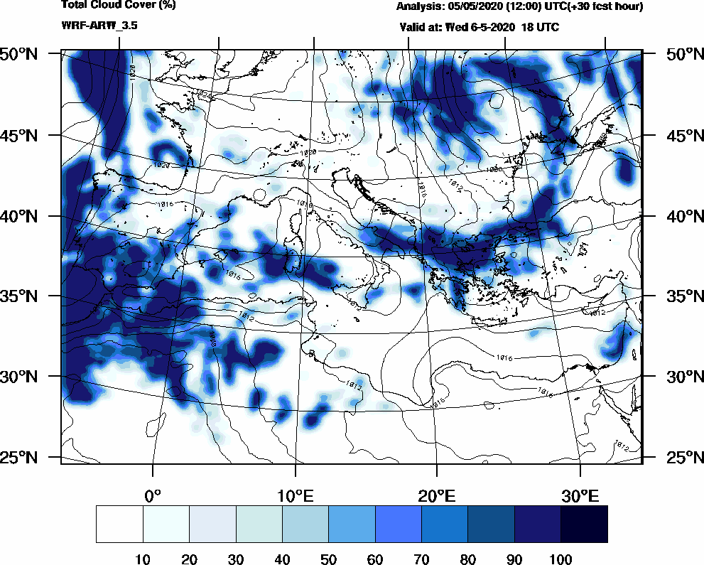 Total cloud cover (%) - 2020-05-06 12:00