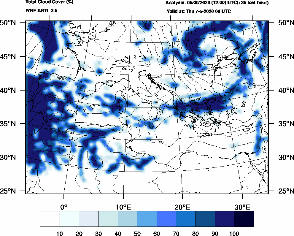 Total cloud cover (%) - 2020-05-06 18:00