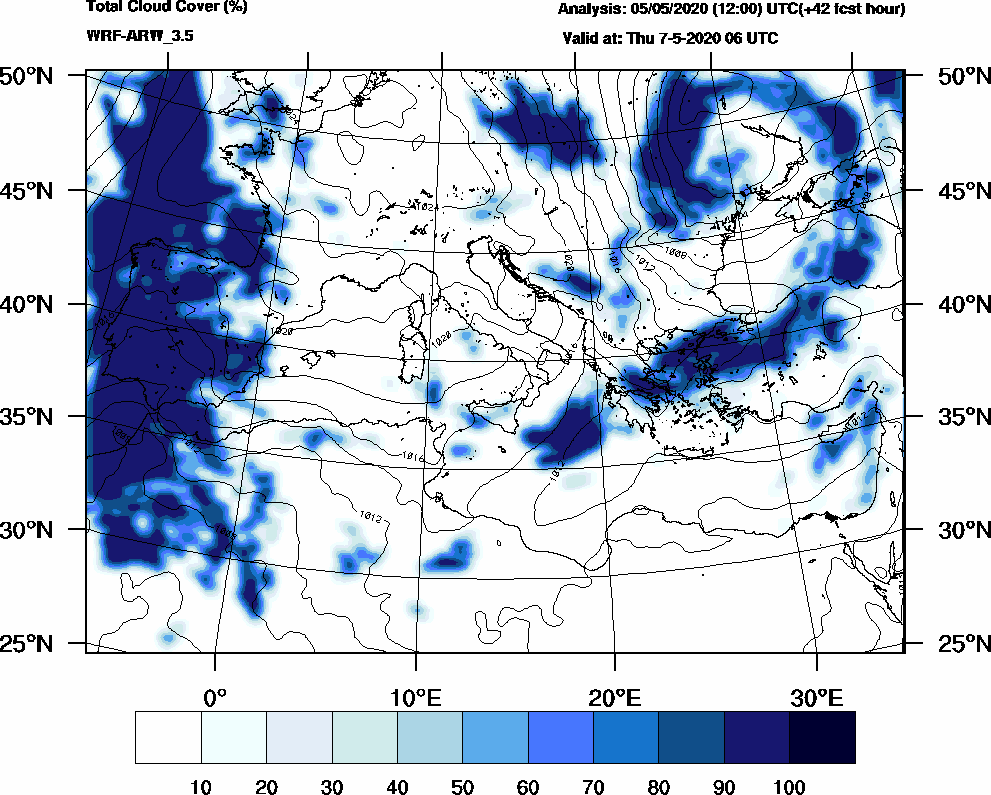 Total cloud cover (%) - 2020-05-07 00:00