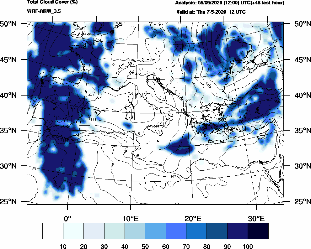 Total cloud cover (%) - 2020-05-07 06:00