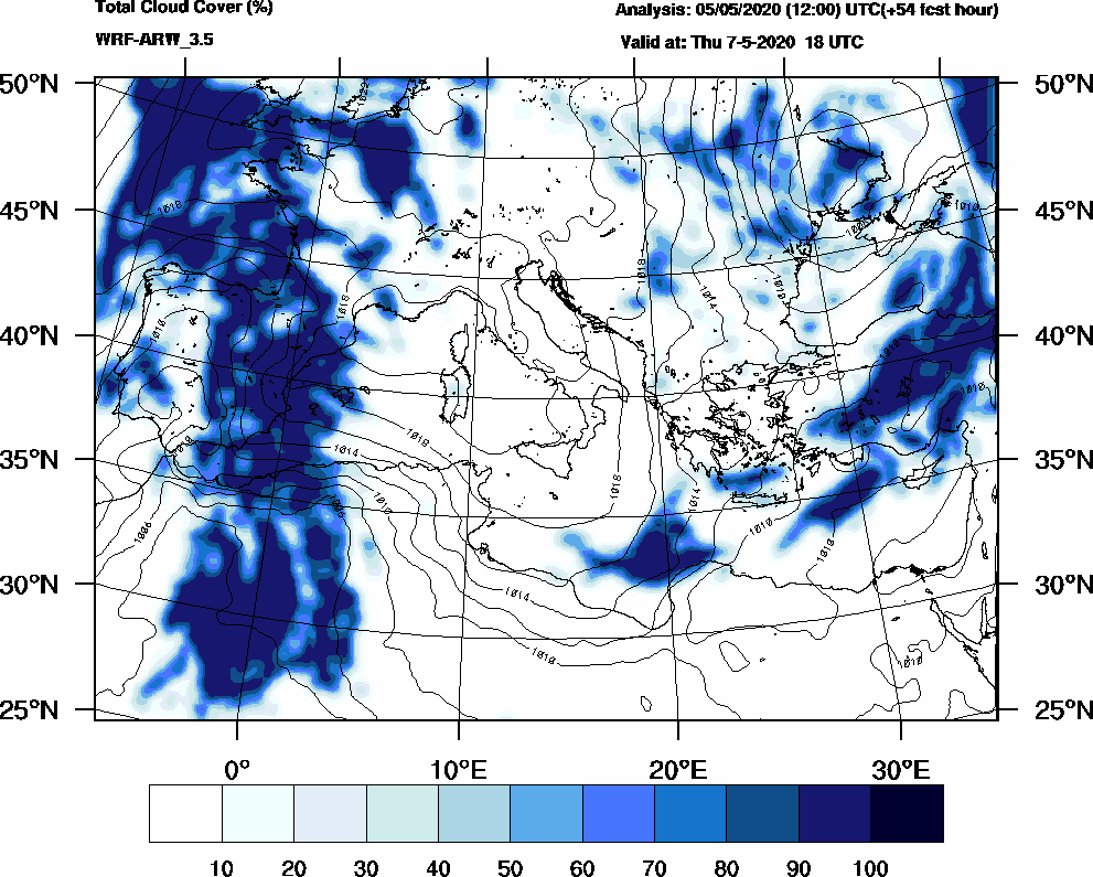 Total cloud cover (%) - 2020-05-07 12:00