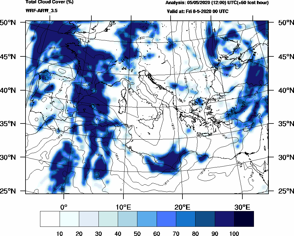 Total cloud cover (%) - 2020-05-07 18:00