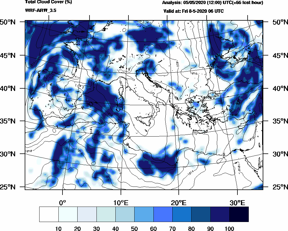 Total cloud cover (%) - 2020-05-08 00:00