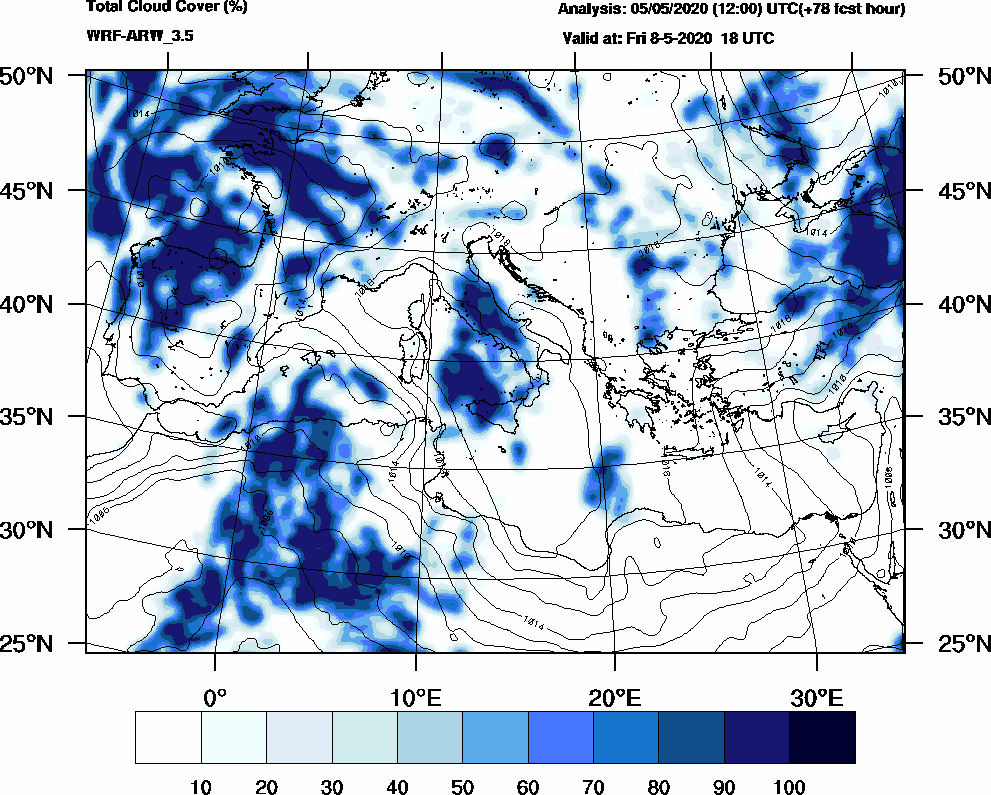 Total cloud cover (%) - 2020-05-08 12:00