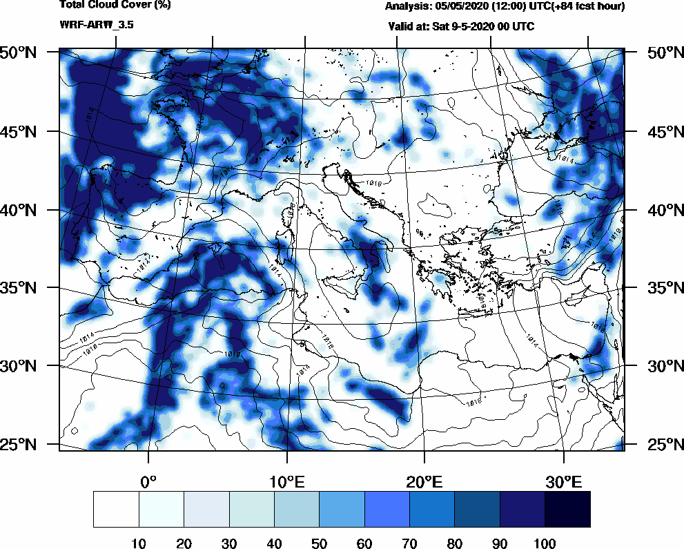 Total cloud cover (%) - 2020-05-08 18:00