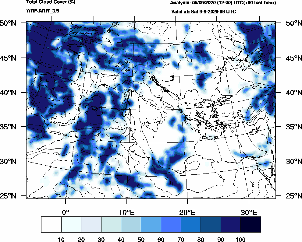 Total cloud cover (%) - 2020-05-09 00:00