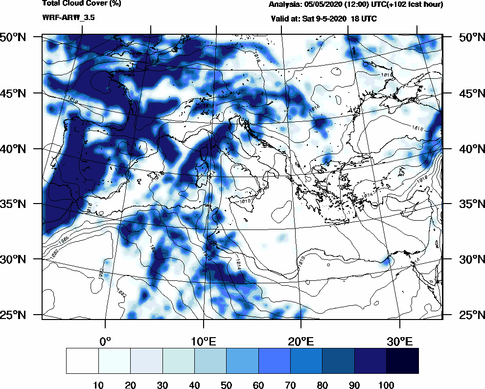 Total cloud cover (%) - 2020-05-09 12:00