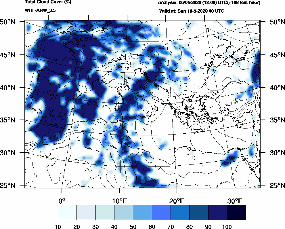 Total cloud cover (%) - 2020-05-09 18:00