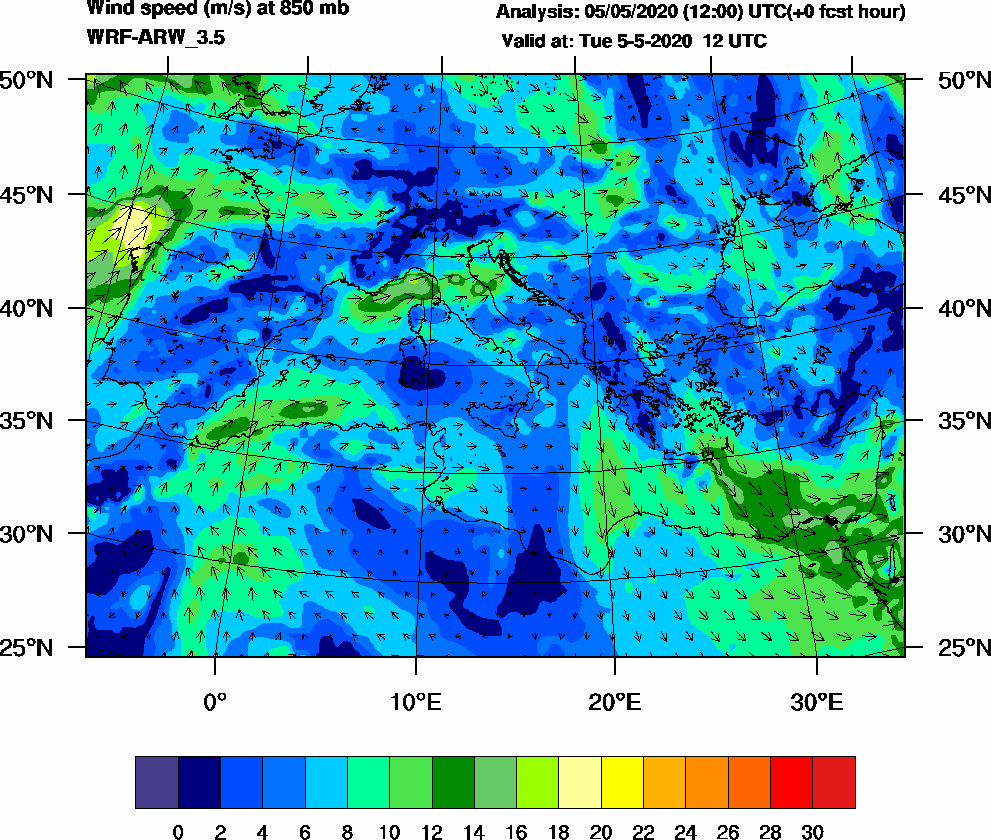 Wind speed (m/s) at 850 mb - 2020-05-05 12:00