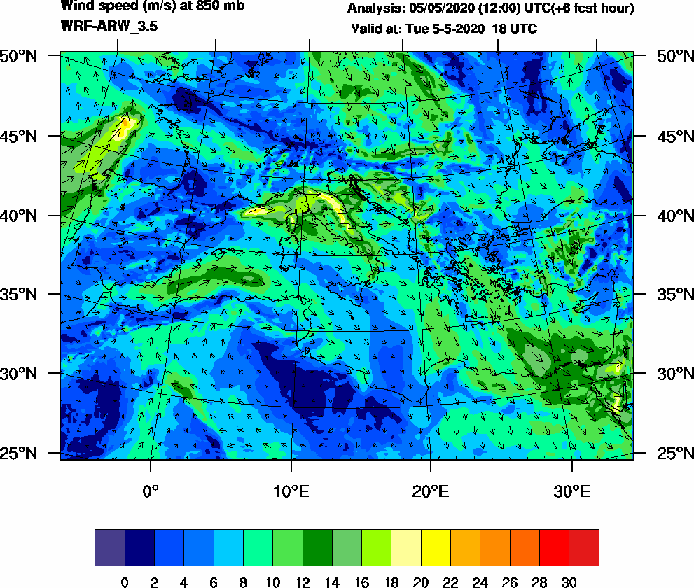 Wind speed (m/s) at 850 mb - 2020-05-05 18:00