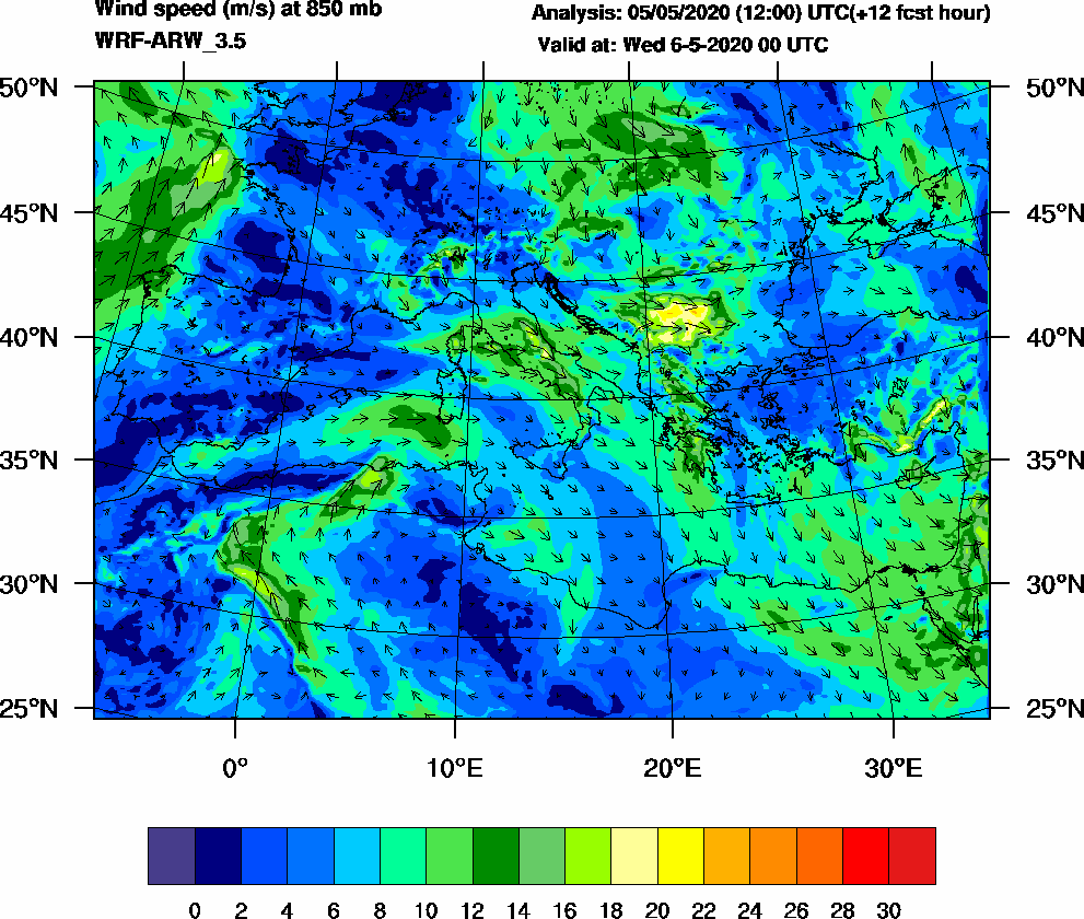 Wind speed (m/s) at 850 mb - 2020-05-06 00:00