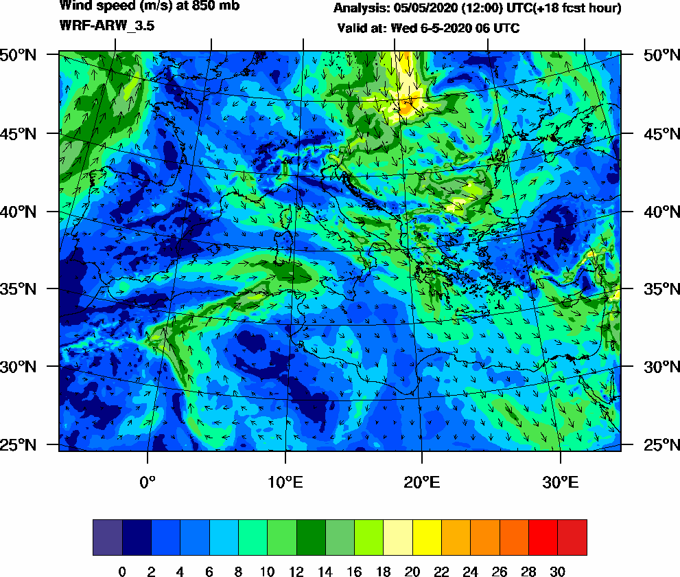 Wind speed (m/s) at 850 mb - 2020-05-06 06:00