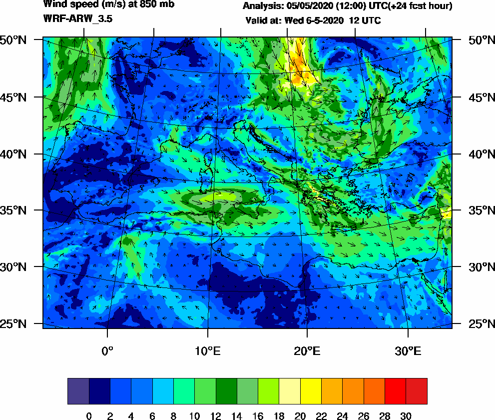 Wind speed (m/s) at 850 mb - 2020-05-06 12:00