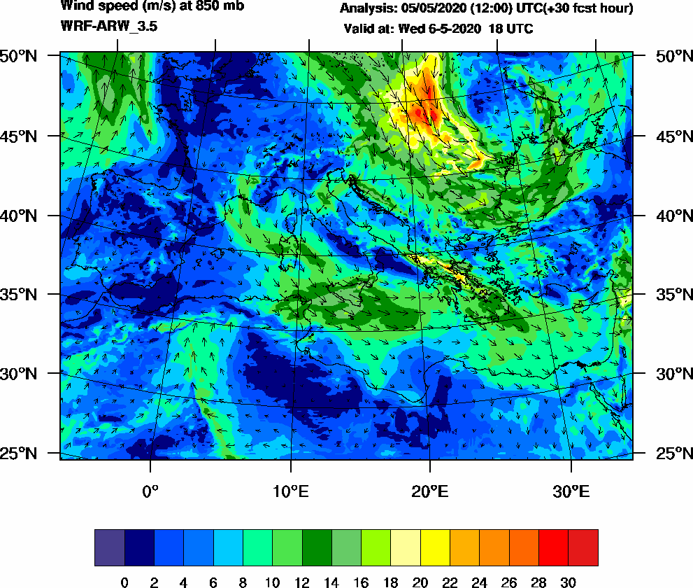 Wind speed (m/s) at 850 mb - 2020-05-06 18:00