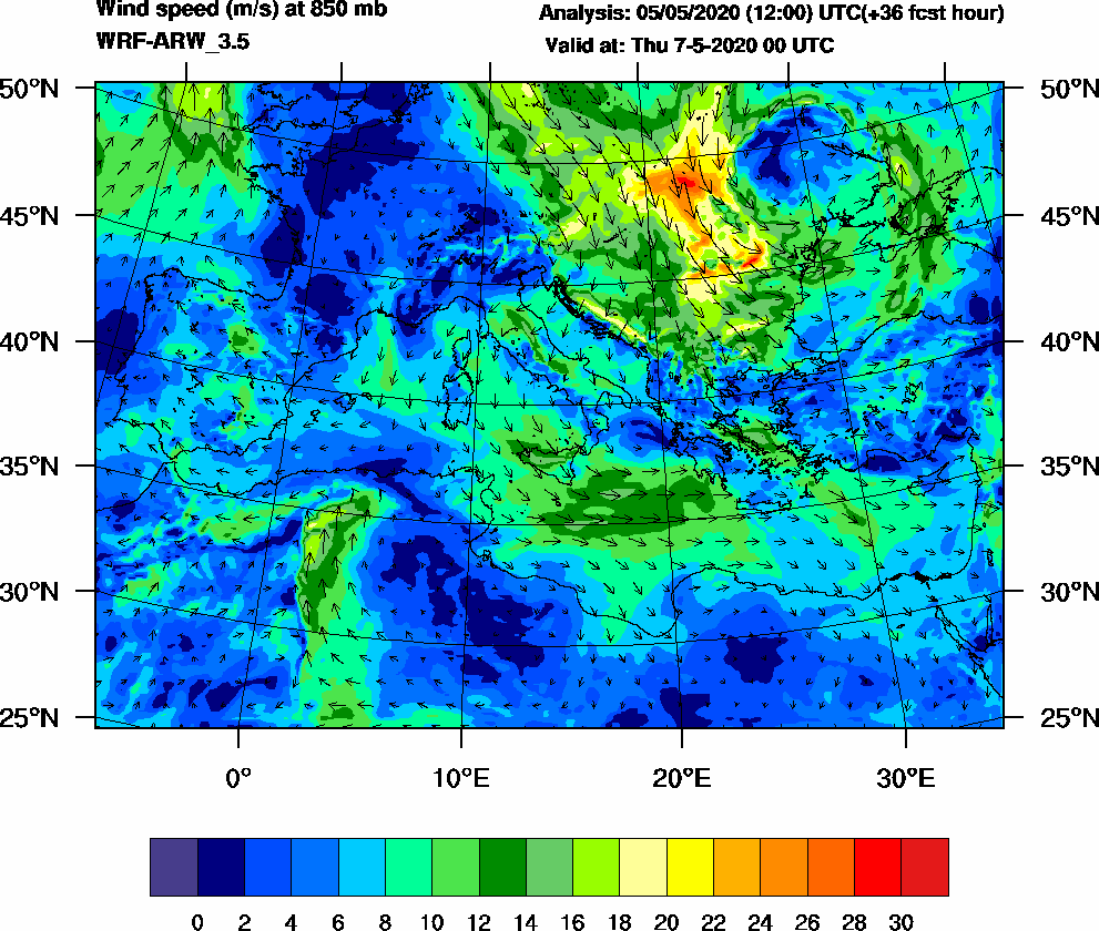 Wind speed (m/s) at 850 mb - 2020-05-07 00:00