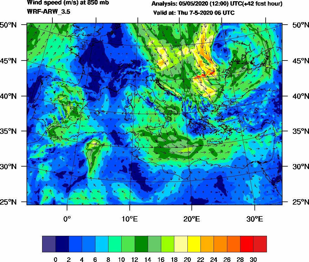 Wind speed (m/s) at 850 mb - 2020-05-07 06:00