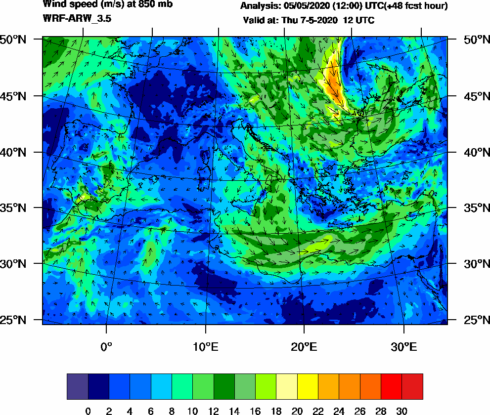 Wind speed (m/s) at 850 mb - 2020-05-07 12:00