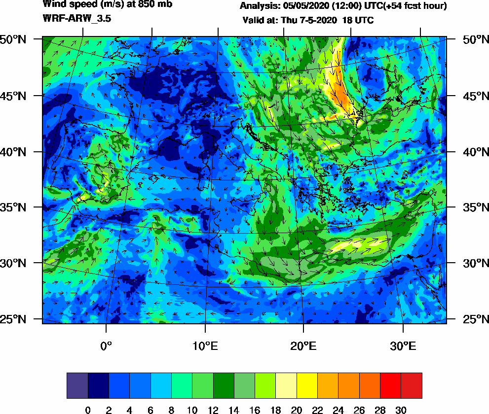 Wind speed (m/s) at 850 mb - 2020-05-07 18:00