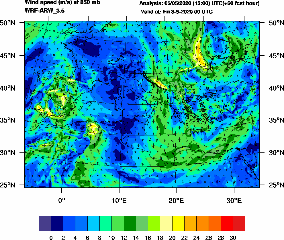 Wind speed (m/s) at 850 mb - 2020-05-08 00:00