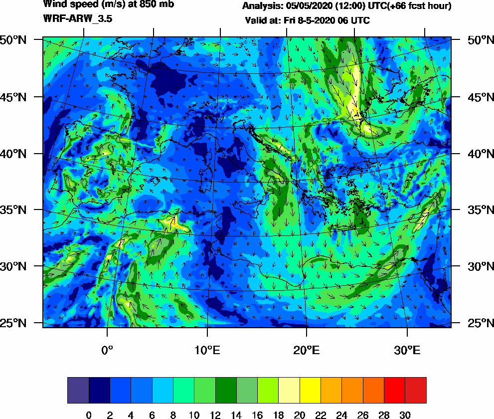 Wind speed (m/s) at 850 mb - 2020-05-08 06:00