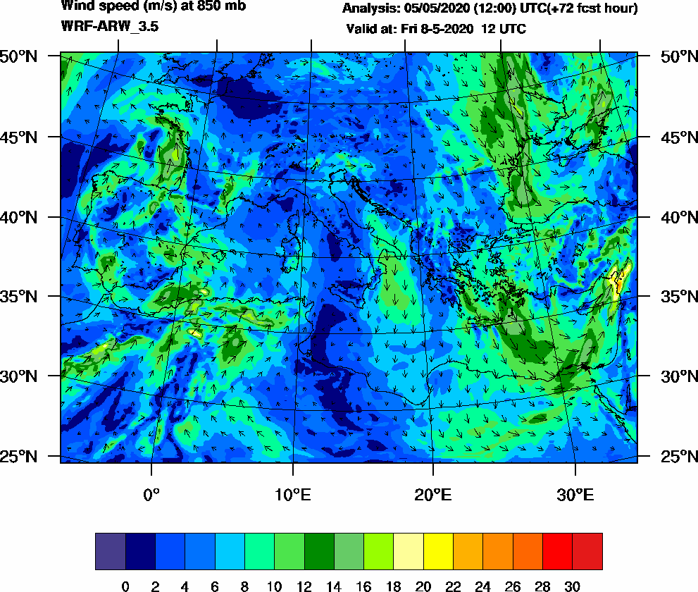 Wind speed (m/s) at 850 mb - 2020-05-08 12:00