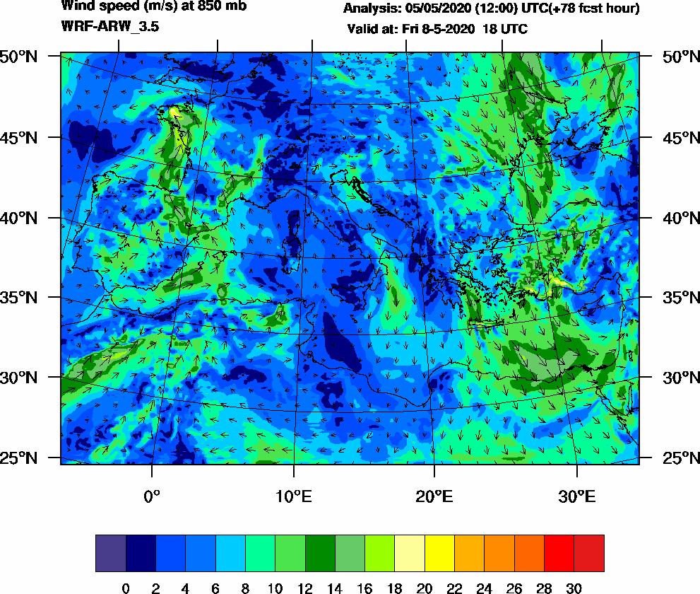 Wind speed (m/s) at 850 mb - 2020-05-08 18:00