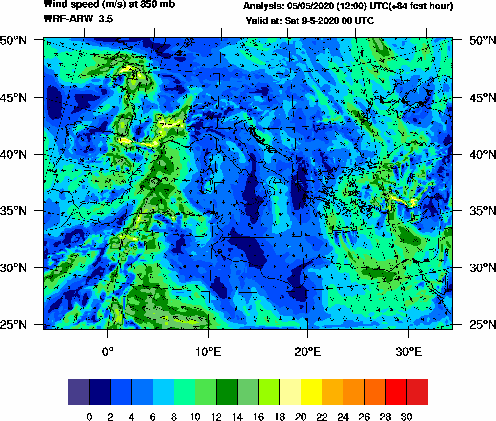 Wind speed (m/s) at 850 mb - 2020-05-09 00:00