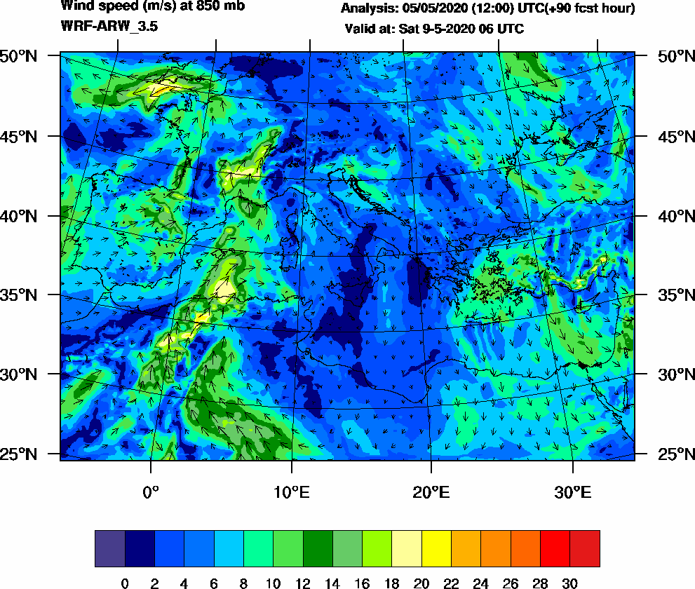 Wind speed (m/s) at 850 mb - 2020-05-09 06:00