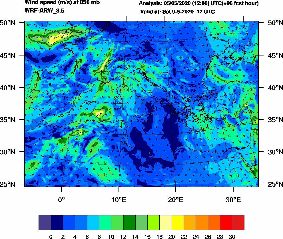 Wind speed (m/s) at 850 mb - 2020-05-09 12:00