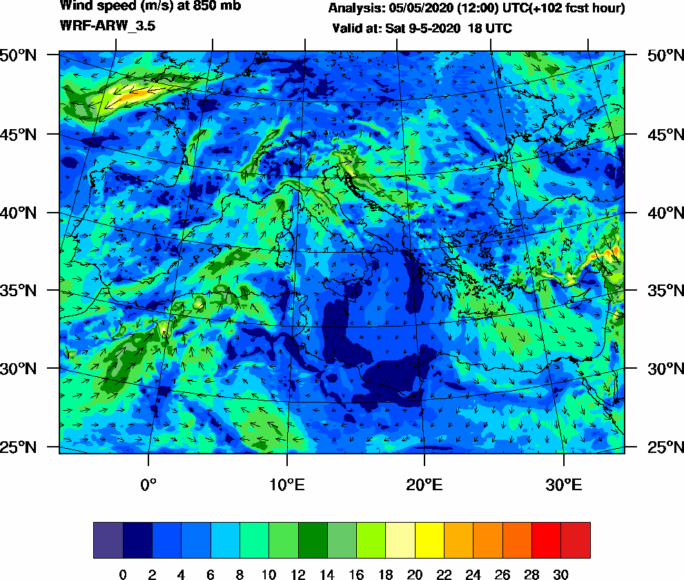 Wind speed (m/s) at 850 mb - 2020-05-09 18:00