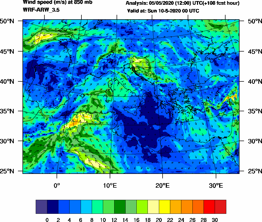 Wind speed (m/s) at 850 mb - 2020-05-10 00:00