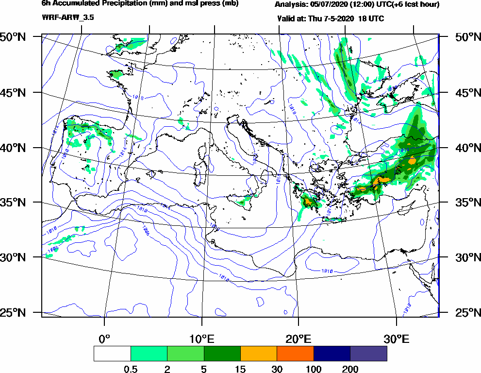6h Accumulated Precipitation (mm) and msl press (mb) - 2020-05-07 12:00