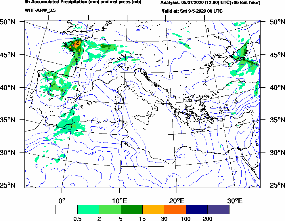 6h Accumulated Precipitation (mm) and msl press (mb) - 2020-05-08 18:00