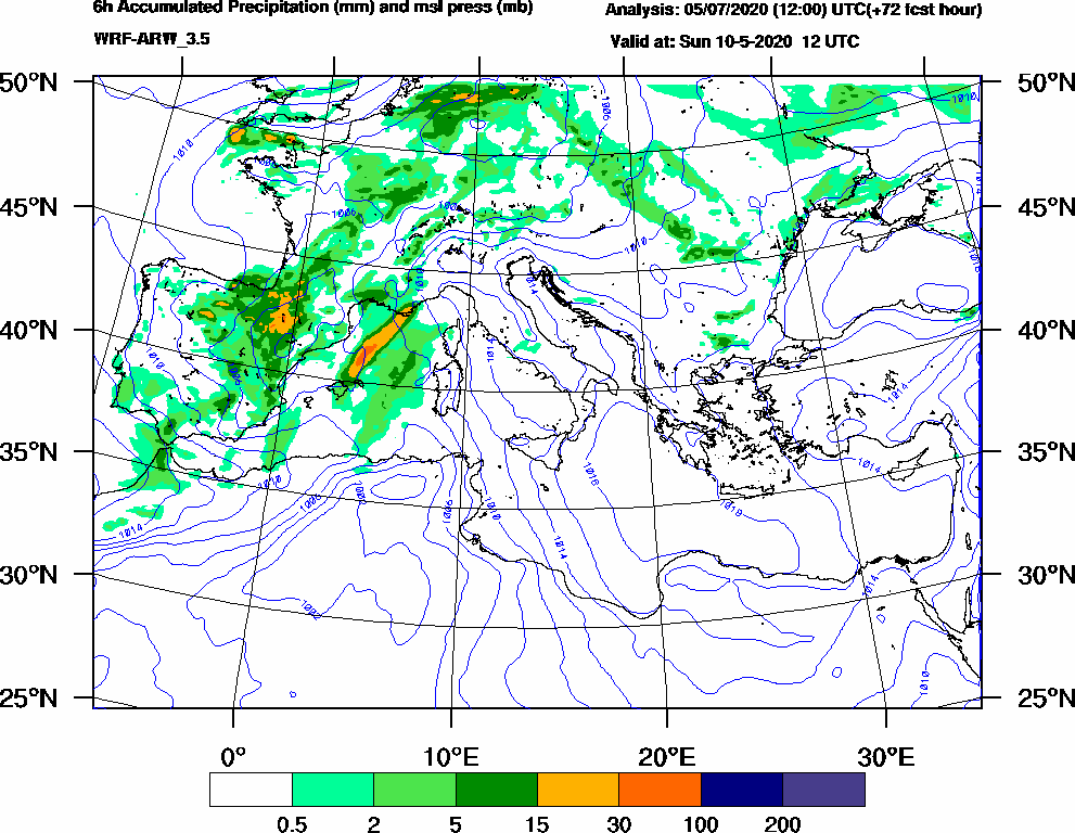 6h Accumulated Precipitation (mm) and msl press (mb) - 2020-05-10 06:00