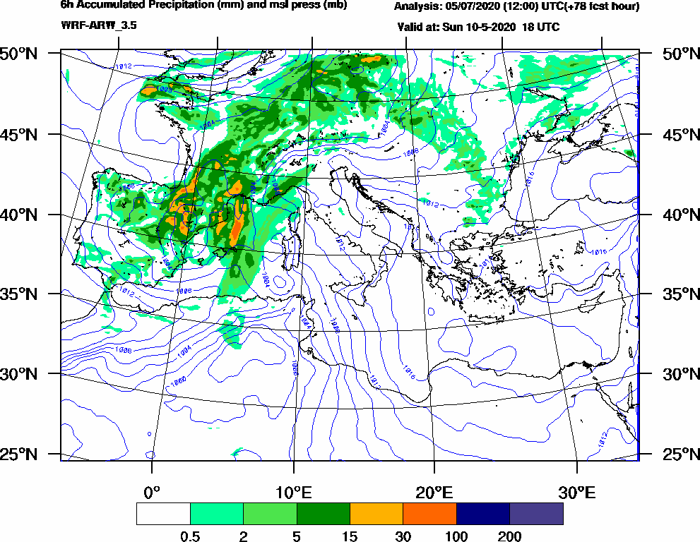 6h Accumulated Precipitation (mm) and msl press (mb) - 2020-05-10 12:00