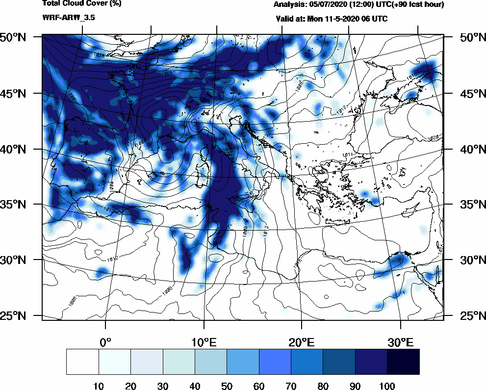 Total cloud cover (%) - 2020-05-11 00:00