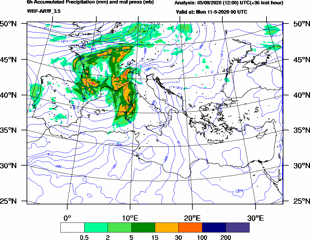 6h Accumulated Precipitation (mm) and msl press (mb) - 2020-05-10 18:00