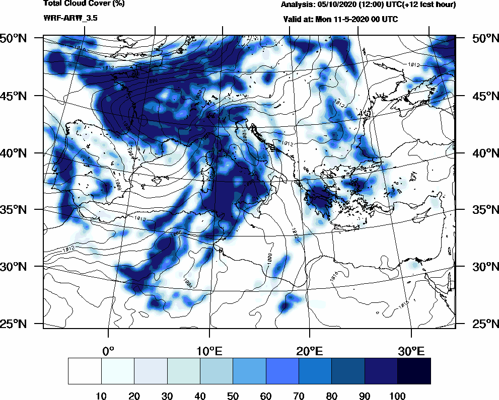 Total cloud cover (%) - 2020-05-10 18:00