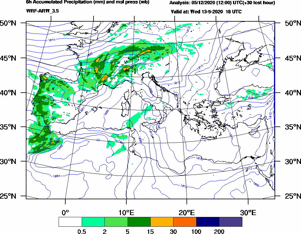 6h Accumulated Precipitation (mm) and msl press (mb) - 2020-05-13 12:00