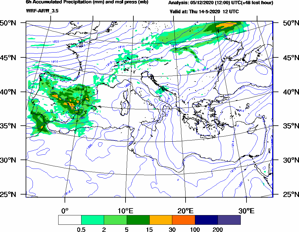 6h Accumulated Precipitation (mm) and msl press (mb) - 2020-05-14 06:00